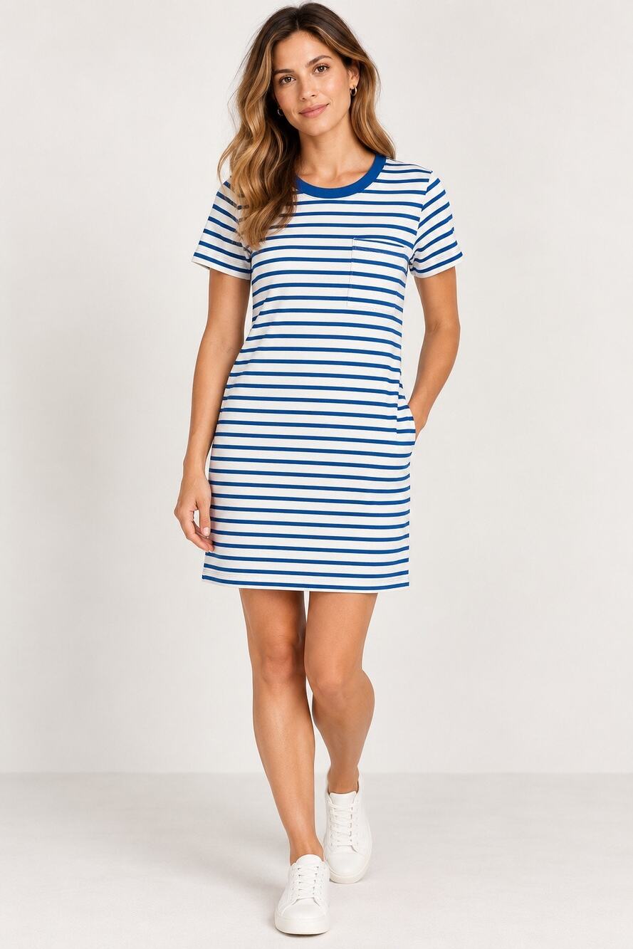 Banana Republic Mini T-Shirt Dress S NWT White Blue Stripe Pocket Nautical Shift